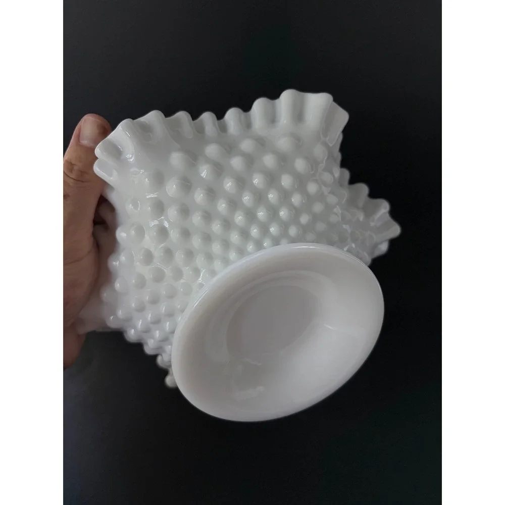 Fenton Hobnail | White Milk Glass | Ruffled Pedestal Candle Holder | Centerpiece